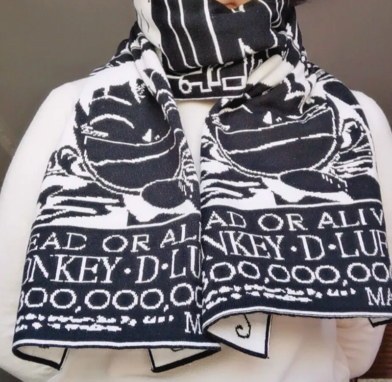 JP Anime Monkey D Luffy Cosplay 5.5 Feet Black White Warm Soft Knitting Scarf