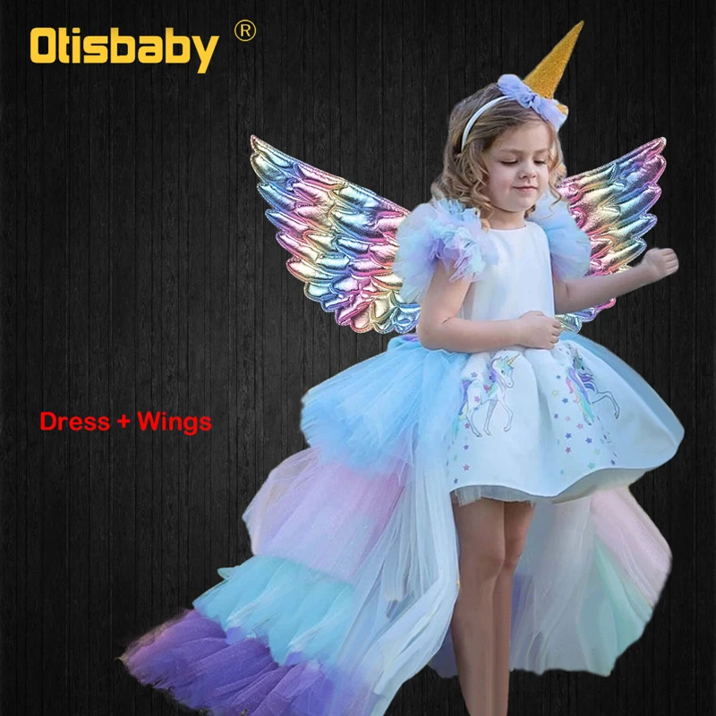 Dress Wings Рождественское платье для девочек с единорогом, с длинным хвостом+ парик с крыльями, повязка для девочки, бальное платье принцессы на день рождения, детская одежда с лошадями - Цвет: Dress Wings