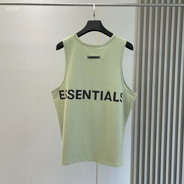 Essentials Men's Sleeveless T-shirt 100% Cotton Reflective Back Printed Letters Hip Hop Men Sleeveless Shirt green