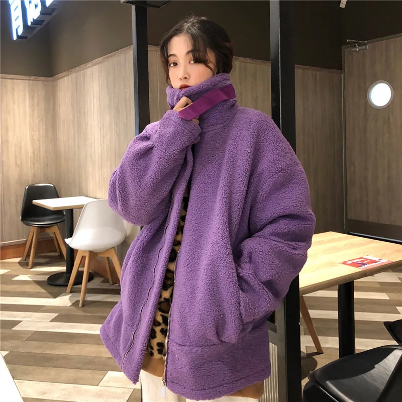 Loose-Fit plus Velvet Lambs Wool Cotton-padded Jacket Winter WOMEN'S Dress New Style Warm Coat Students Casual Solid Color