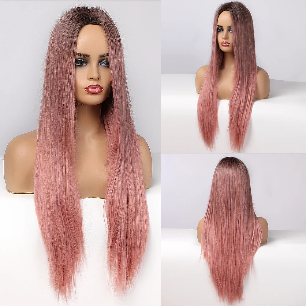 Synthetic Wigs Heat-Resistant Cosplay Pink Alan-Eaton Long Ombre Women Middle-Part Black