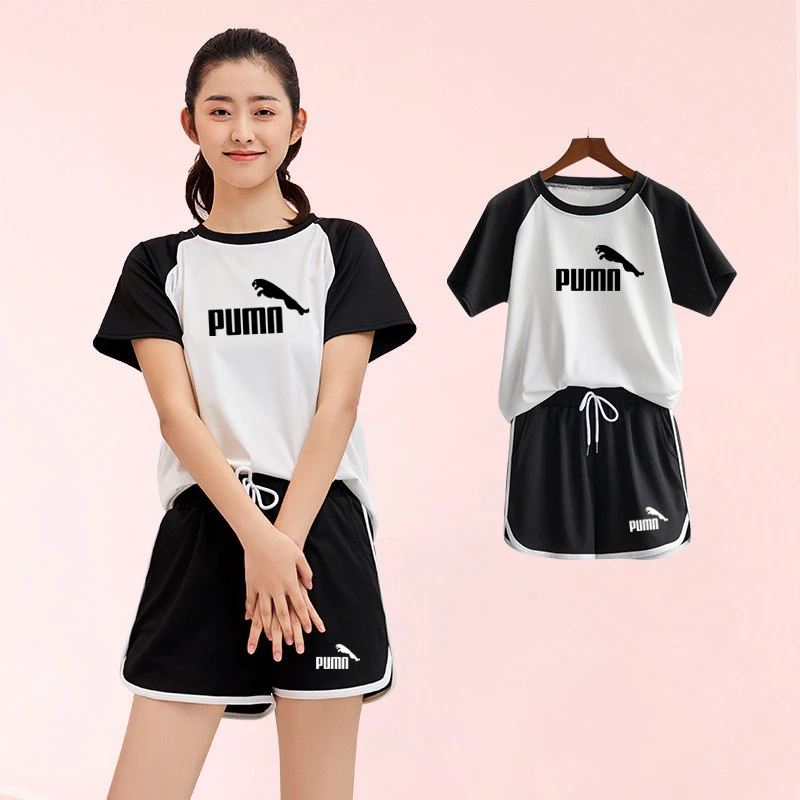 

Women's casual two-piece summer suit with round neckline + shorts with drawstring pocket and slim two-piece suit.