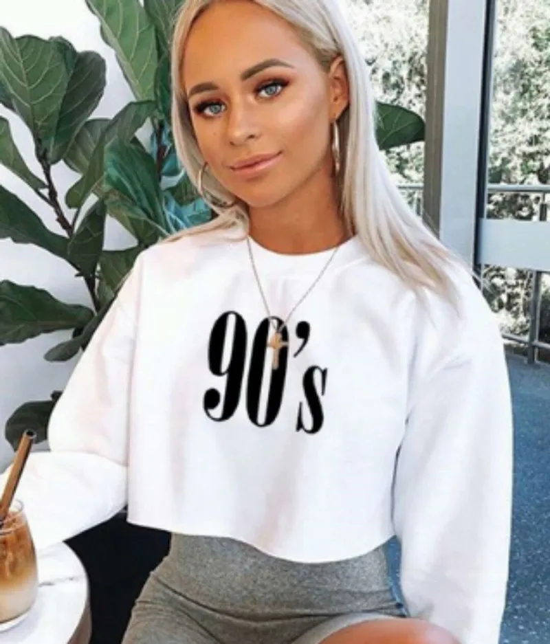 

Long Sleeve Crop Top Sweatshirt 90s White Gray Yellow Tops Short Cropped Sweatshirt Women Ladies Femme Autumn Winter Clothes
