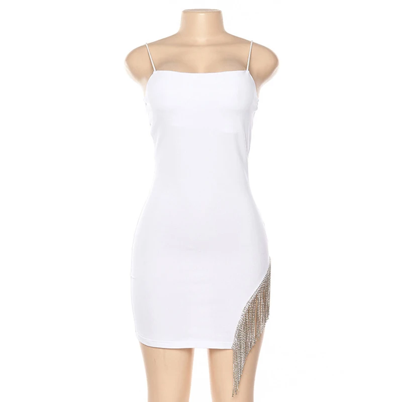 White Diamonds Glitter Tassels Night Club Dress Femininas Bodycon Spaghetti Strap Mini Dress Sexy Party Side Shining Diamond Robe - Цвет: White