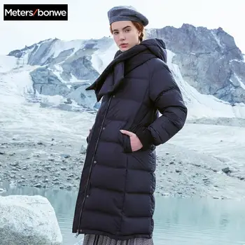 

Metersbonwe Long Warm Down Jacket Women Winter Warm White Duck Down Hooded Female Scarf Collar Coat Winter Outwear 738750