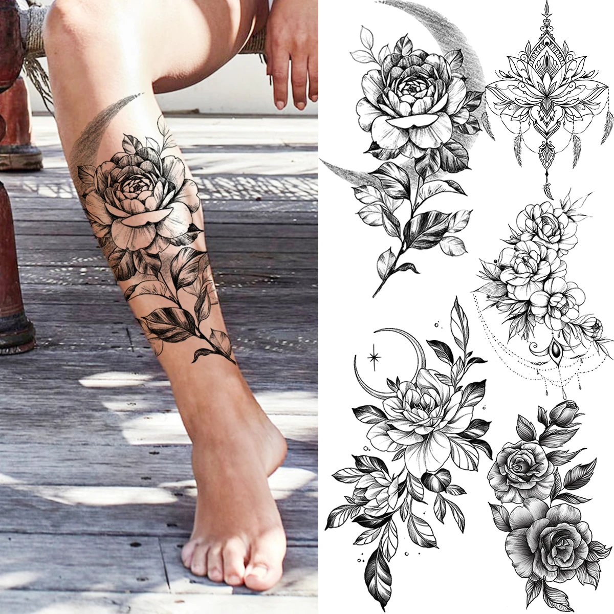 Tatouage Mollet Femme Fleur De Lotus Grands Tatouages Temporaires Pour Femmes, Fleur, Lune, Pendentif, Pivoine,  Lotus, Faux Tatouage, Mollet, Cuisse, Art Corporel, Étanche - Temporaire  Tatouages - AliExpress