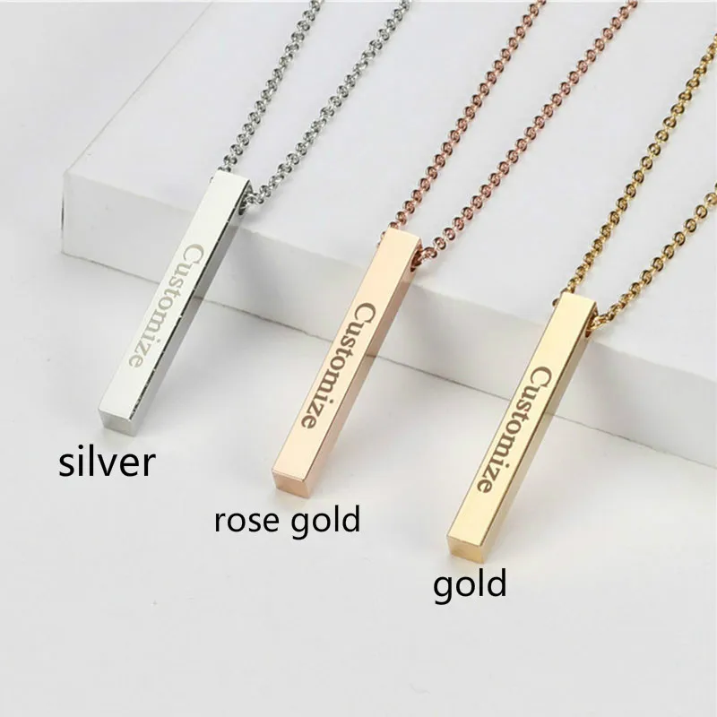 2020 Four Sides Carved Square Custom Name Necklace Stainless Steel Three-dimensional Bar Cuboid Pendant new | Украшения и