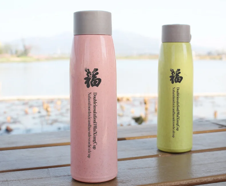 Creative Sports Bottle Double Layer Wheat Cup Printed Words Insulated Cup Advertisement Gift Cup Wheat Glass Bottle Customizable