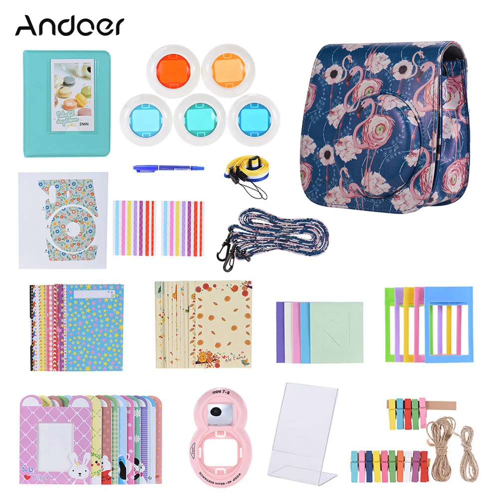 Andoer 14 в 1 комплект аксессуаров для Fujifilm Instax Mini 9/8/8+/8s w/чехол для камеры/ремешок/Наклейка/селфи объектив/5* Цветной фильтр и т. Д
