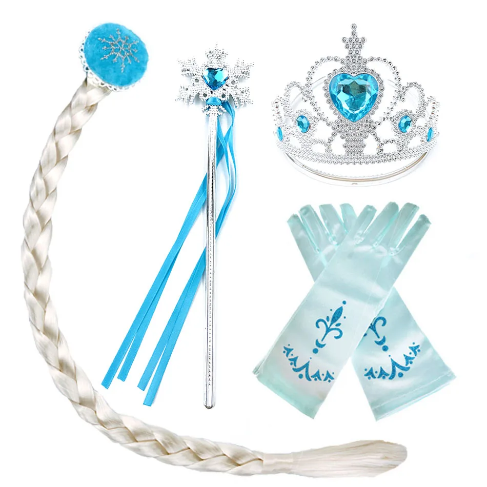 5-8 Pcs Set Elsa Anna Costume Blue Rose Yellow Pink Color Princess Accessories Crown Magic Wand Gloves Braid Halloween Dress Up 3