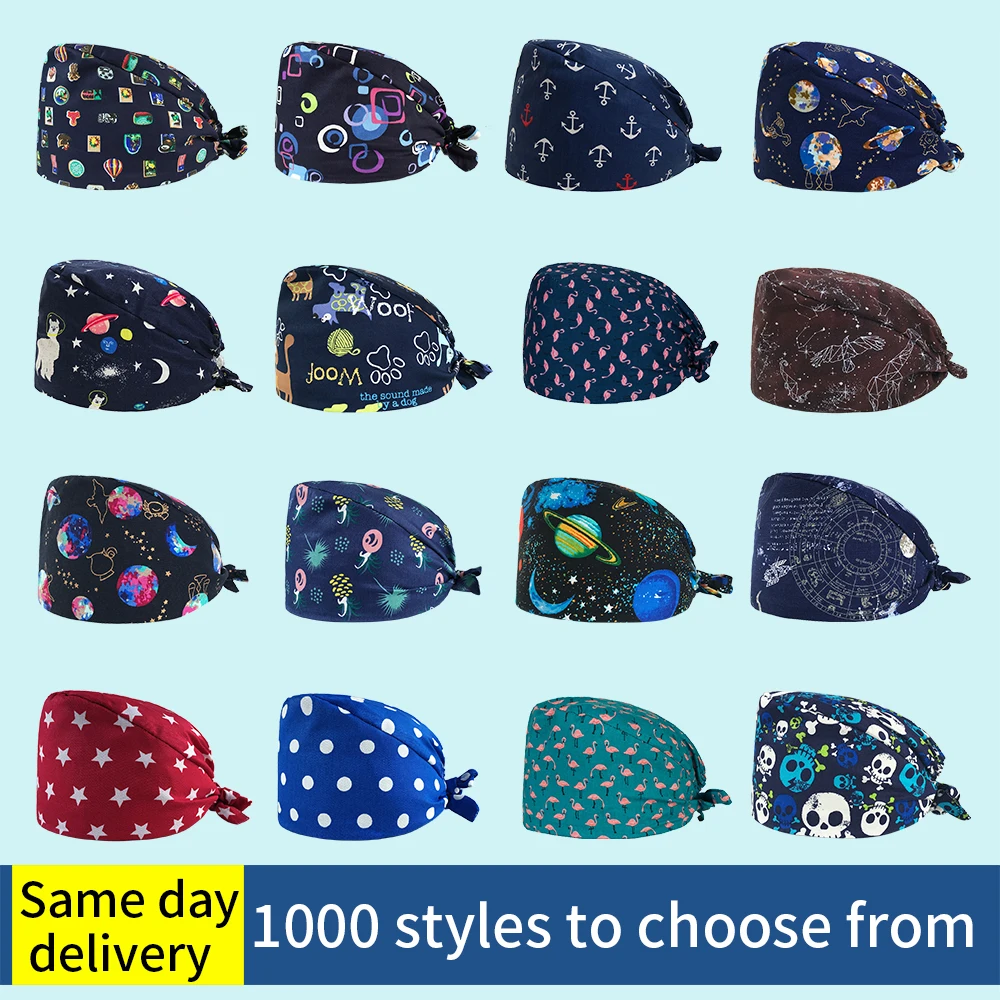 

wholesale cotton scrubs hatcartoon anime printing hats adjustable scrubs hat beauty salon working hat laboratory spa scrubs caps