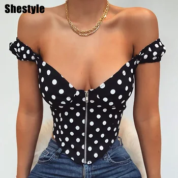 

Shestyle Polka Dot Zip Up Slash Neck Short Sleeve Irregular Off Shoulder Retro Summer Black T-Shirt Crop Tops Streetwear