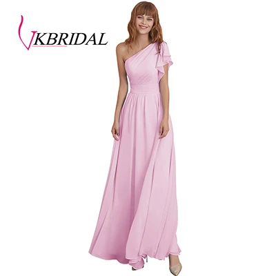 Lilac VKbridal ТРАПЕЦИЕВИДНОЕ ПЛАТЬЕ больших размеров для свадебной вечеринки, выпускного бала для Juniros реальное изображение одно плечо шифоновое платье для подружки невесты длинное - Цвет: Lilac