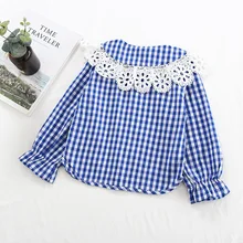 Childrenswear Korean-style Girls Spring And Autumn Western Style Pure Cotton Plaid Long-sleeve Blouse Lace Lapel Shirt