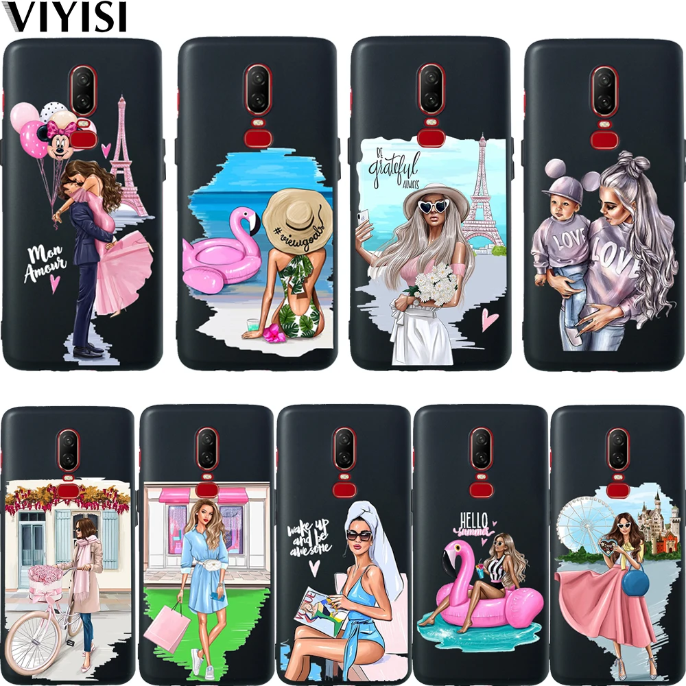 

Luxury Baby Mom Girl Summer Vacation For Oneplus 7 Pro Case 6T 6 5 5T Coque Black Soft Silicone TPU Cover Etui Fundas Capas