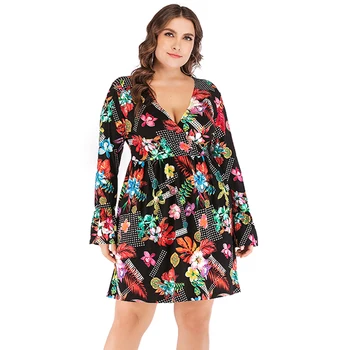 

Autumn 2019 fat mm European and American large sexy V-neck flare sleeve medium length dress