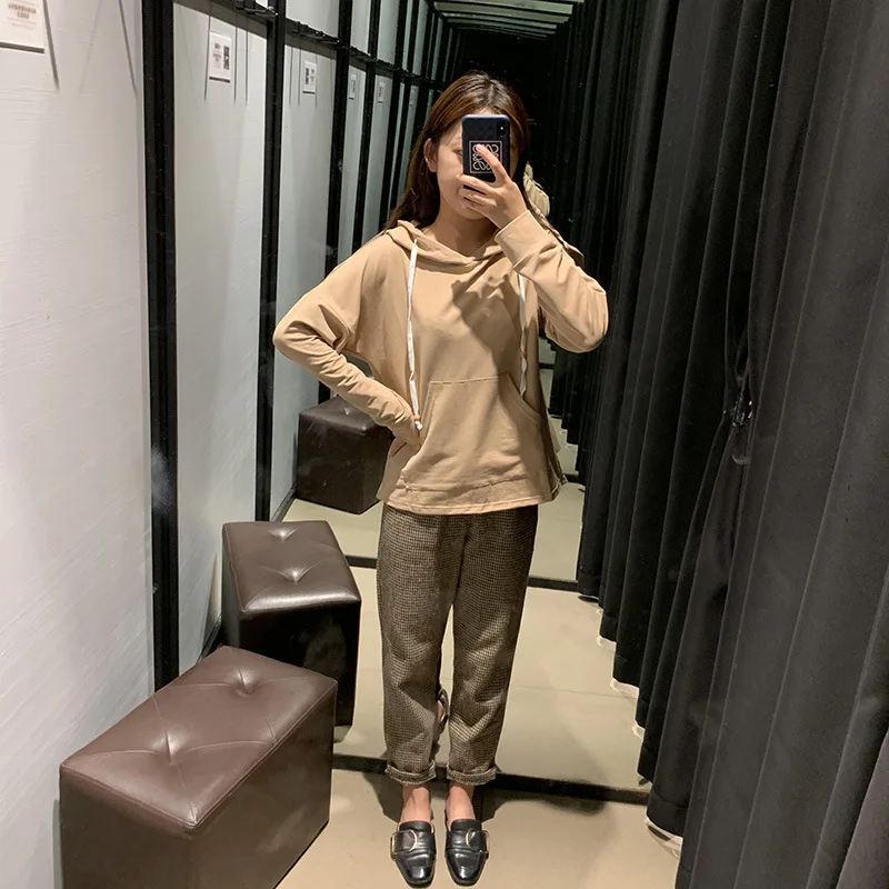 

Domestic Single Women's Autumn New Style Hooded Drawstring Long Sleeve Loose-Fit Hoodie High-waisted Plaid Casual Pants Set