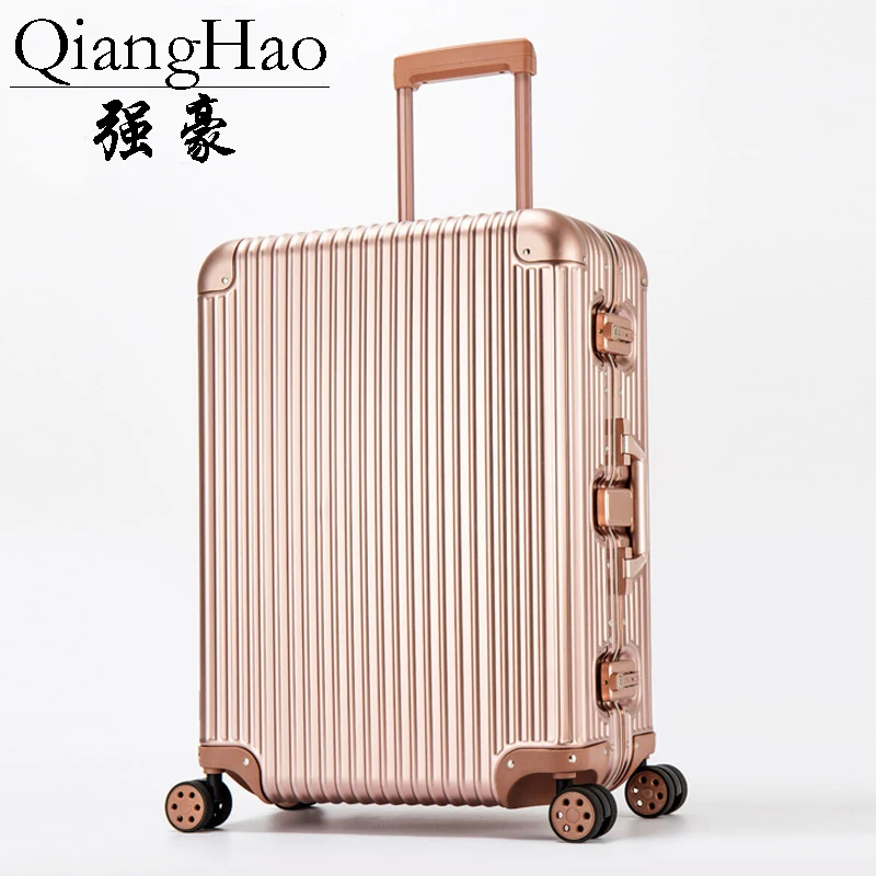 QiangHao чехол для тележки на колесиках Алюминиевый сплав чехол на колесиках сумка для ручной клади высокого качества - Цвет: Rose gold