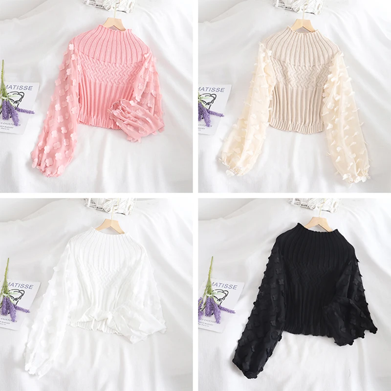 New 2020 Autumn Winter Women's Sweaters Turtleneck Mesh Patchwork Knitwear Long Sleeve Ladies Tops Pullover Pink Crop Sweater