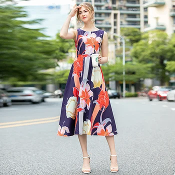 

Summer 2020 New Women'S Fashion Party Casual Beach Outing Vintage Elegant Chic Flower Print Vest Midi Dress