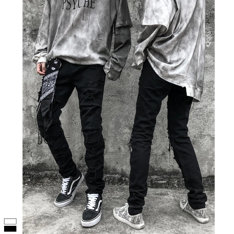 High Street Men's Ripped Jeans Hip Hop Straight Skinny Pants Streetwear Black Casual Couple Denim Trousers Fashion Men Clothing 2