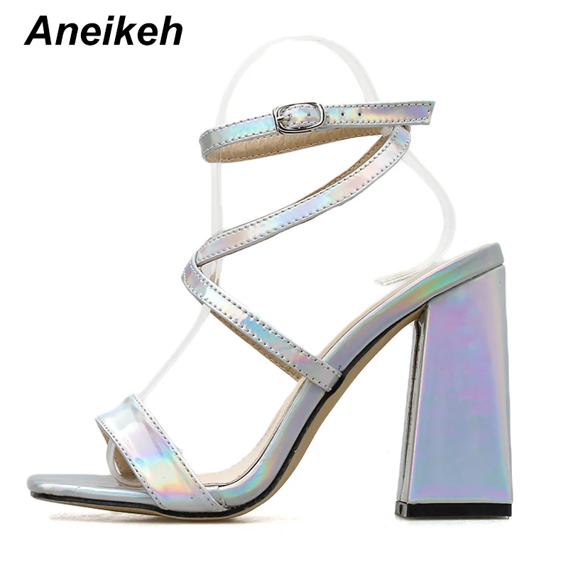 Aneikeh Summer Silvery Sequins Fashion Shoes Woman Sandals Peep Toe Party Square High Heels Sandals Buckle Pumps Ladies Shoes
