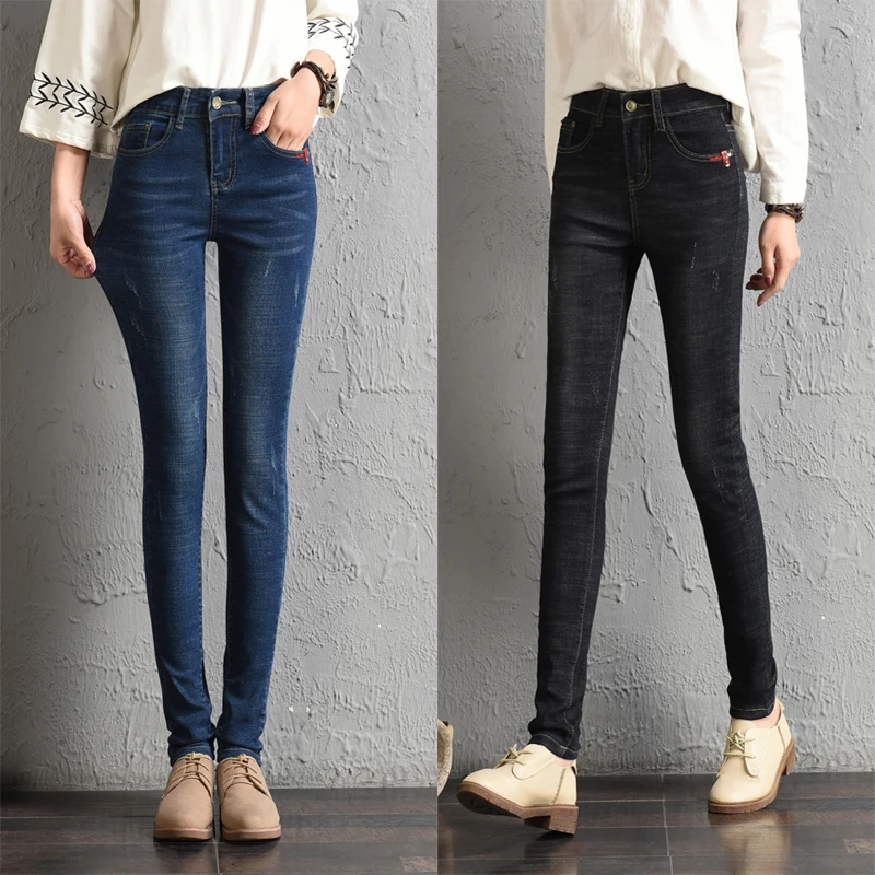 

2019 Plus Size 3XL Jeans for Women Full Length Mid Waist Skinny Pencil Pants with Pocket