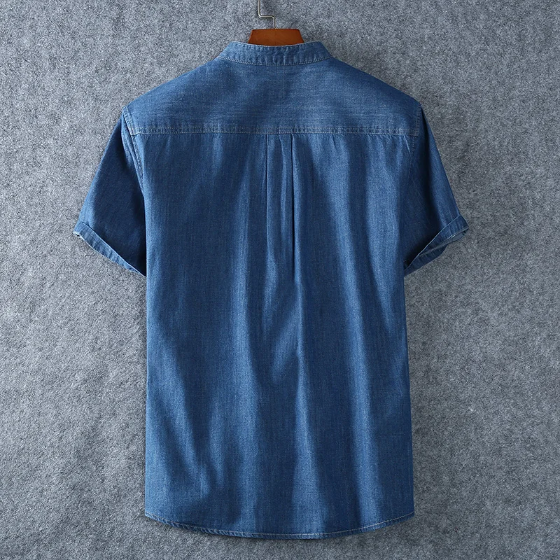 Men's Cotton Summer Fashion Pure Color Breathable Comfortable Stand Collar Denim Short Sleeve Shirt(oversized plus size)