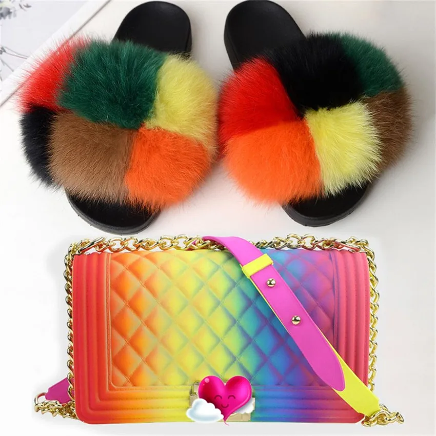 Женские меховые шлепанцы Радужная обувь Милые Вьетнамки Женская на меху для