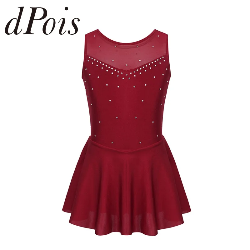 

Kids Girls Sleeveless Sparkly Rhinestone Tulle Back Ballet Dance Leotard Dress Stage Performance Roller Figure Ice Skating Dress