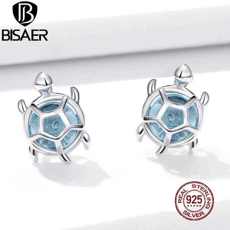 Серьги гвоздики BISAER Sea Turtle из настоящего 925 пробы Серебряное Стекло голубой