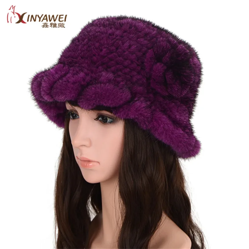 Light purple Модная популярная женская зимняя меховая шапка, норковые плетеные норковые меховые шляпы с настоящим мехом, женская теплая меховая шапка Sombrero Elastico - Цвет: Light purple