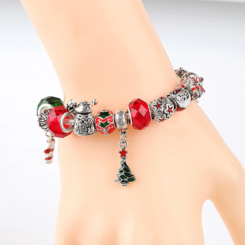 European& American Trendy Christmas Apple Charm Bracelet& Bangle Red Flower Crystal Diy Bead Bracelet Jewelry for Women