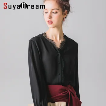 

Women Blouse 95% SILK 5%SPANDEX Silk Satin Black Lace Blouse Shirt Long Sleeved Causal Blouses 2019 Fall Winter Black Shirt
