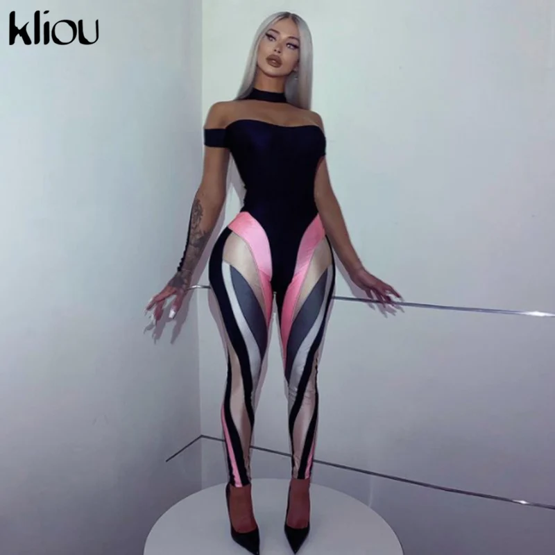 Kliou Color Blocking Women Leggings High Waist Stretchy Skinny Striped Fitness Pants Color Match Streetwear Slim Clothing 1