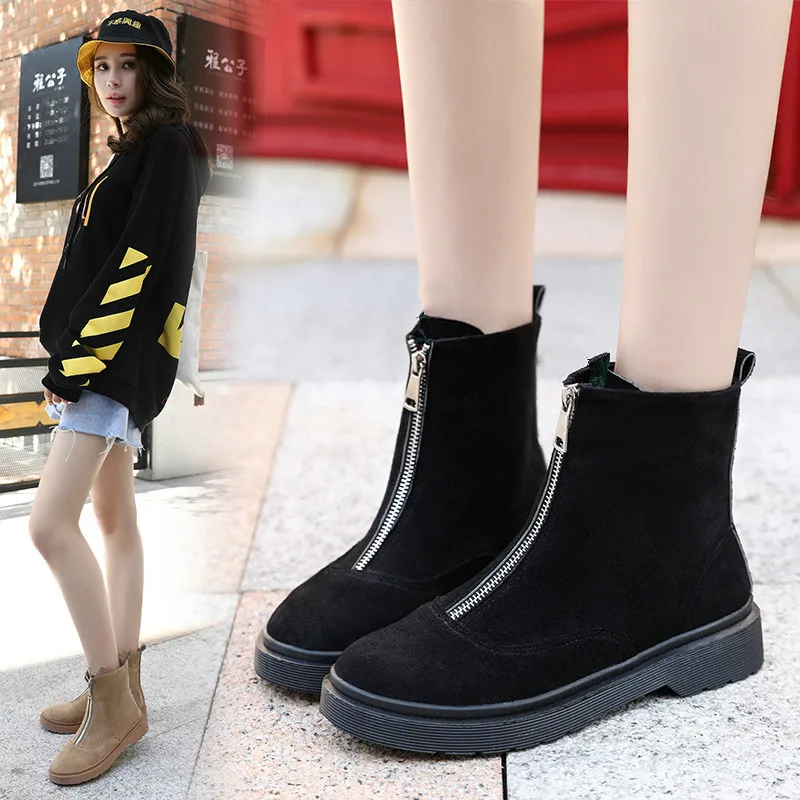 

2019 Witer New Fashion Girls Matting Front Zipper Short Boots Big Children All-match British Style Flat Warm Bottom Martin Boots