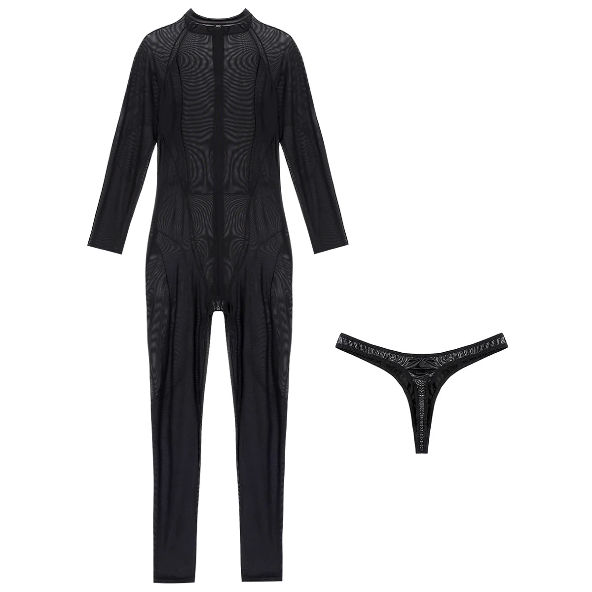 TiaoBug Men See Through Sheer Mesh Lingerie Long Sleeves Bodysuit Bodystockings with Faux Leather Thong Briefs Erotic Underwear