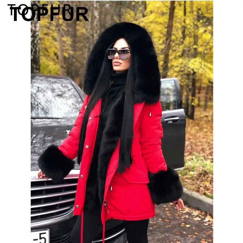 TOPFUR, зимняя меховая парка, хорошее качество, модный натуральный Лисий мех, воротник и капюшон, красная куртка, толстые кроличьи парки на подкладке для женщин