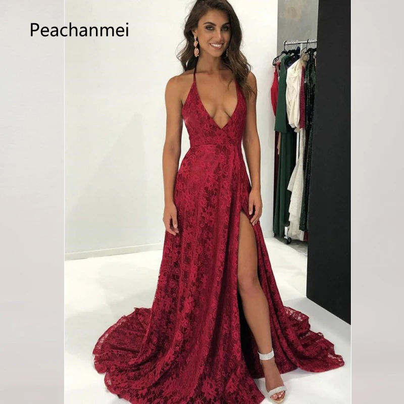 

Sexy Prom Dress with High Slit Lace Backless Formal Party Gowns Spaghetti Straps Robe De Soiree 2019 New Arrival