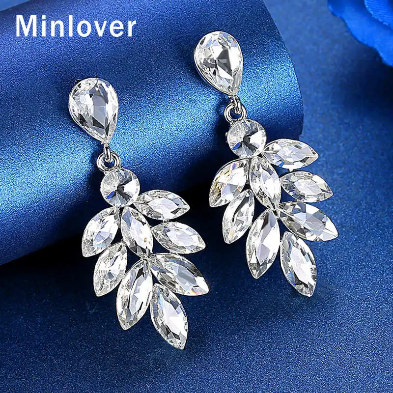 Minlover Серебряный Цвет Маркиза кристалл свадебные серьги-капли для женщин Лист