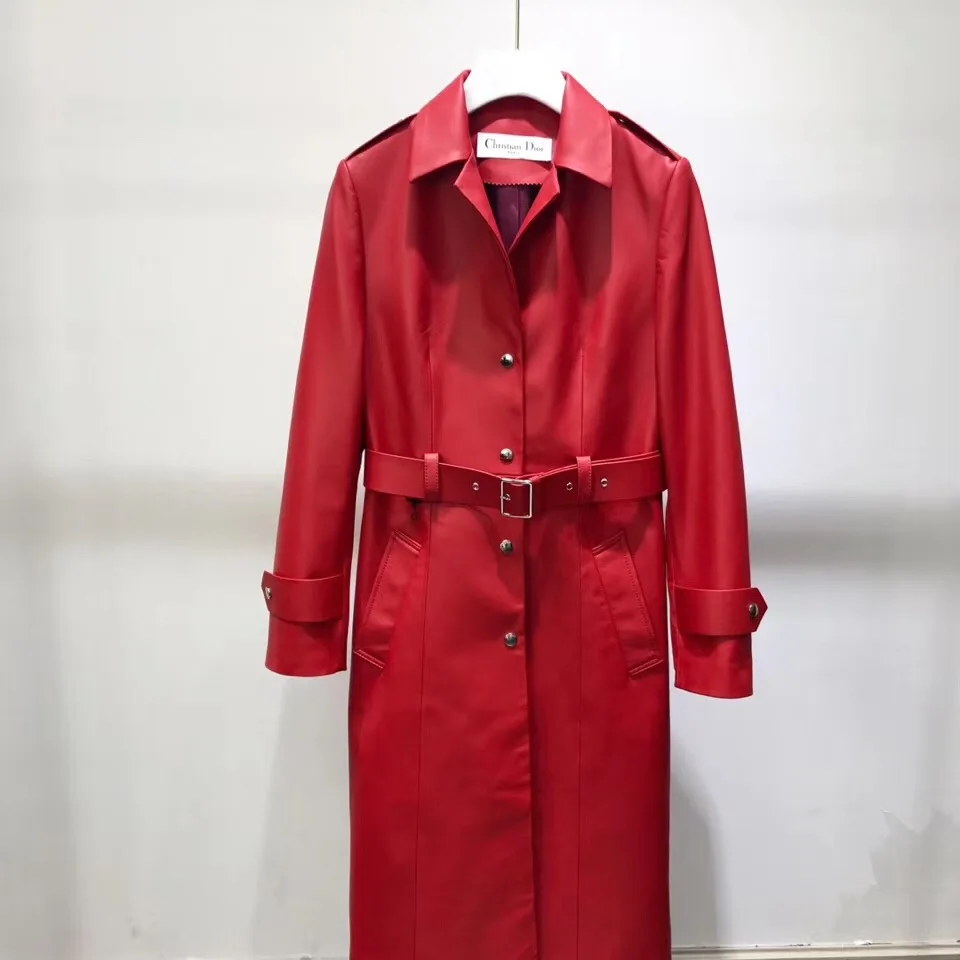 Женская куртка из натуральной кожи,, зимняя, натуральная овчина, tench, пальто, женское, длинное пальто с поясом - Цвет: Red