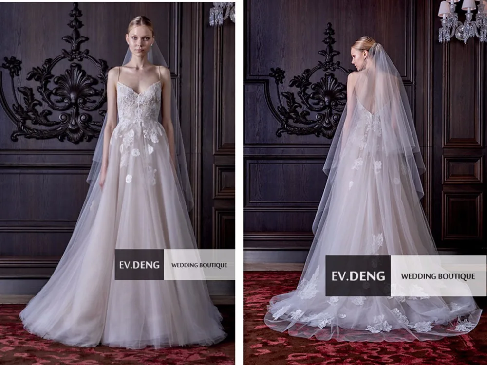 

sexy casamento long tulle appliques lace wedding dress 2016 hot sale sweetangel spaghetti straps vestido de noiva Bridal Gown