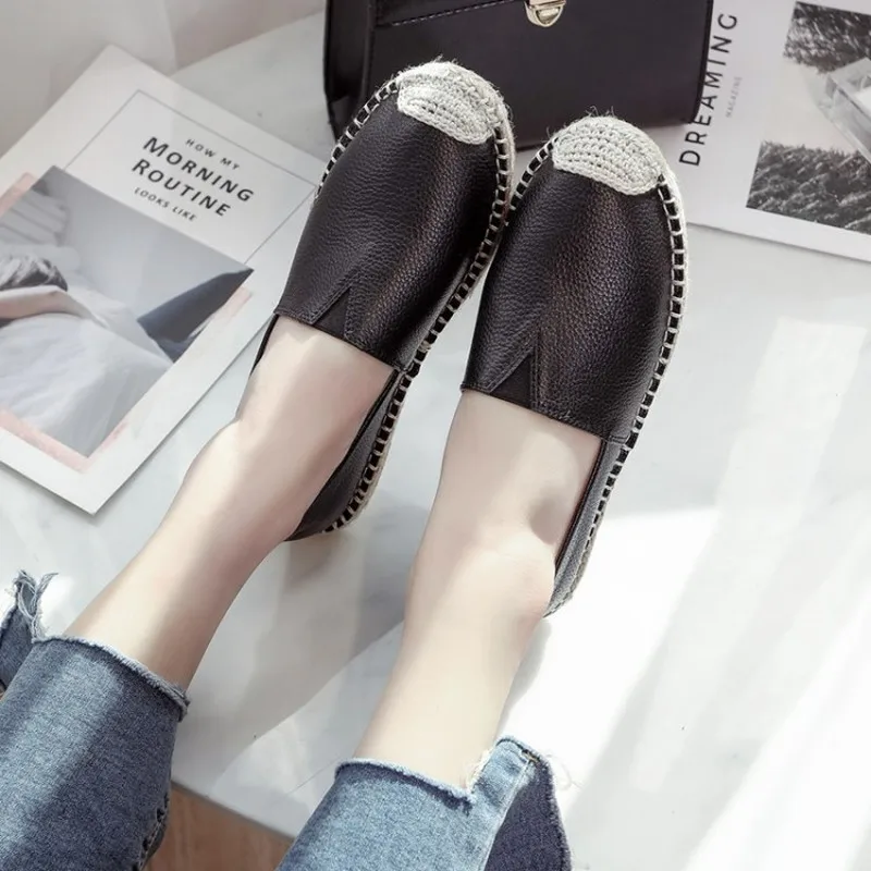 

2020 Woman Shoes Female Leather Loafers Stitched Slip-On Solid Round Toe Characteristic Fashion Mujer Chaussure Femme J15-58