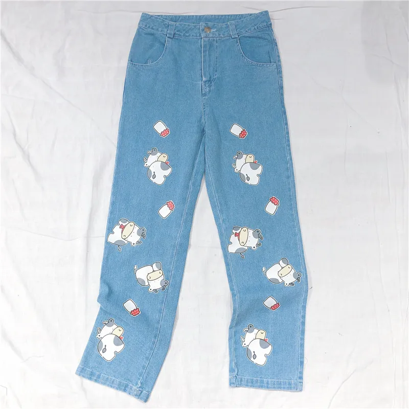 

New Bottoms Harajuku Kawaii Cartoon Women Pants Vintage Blue Denim High Waist Female Jeans Cute Cow Milk Print Trousers