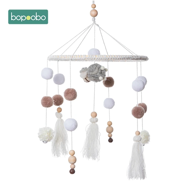Bopoobo 1set Silicone Beads Baby Mobile Beech Wood Bird Rattles Wool Balls Kid Room Bed Hanging Decor Nursing Children Products Sheep