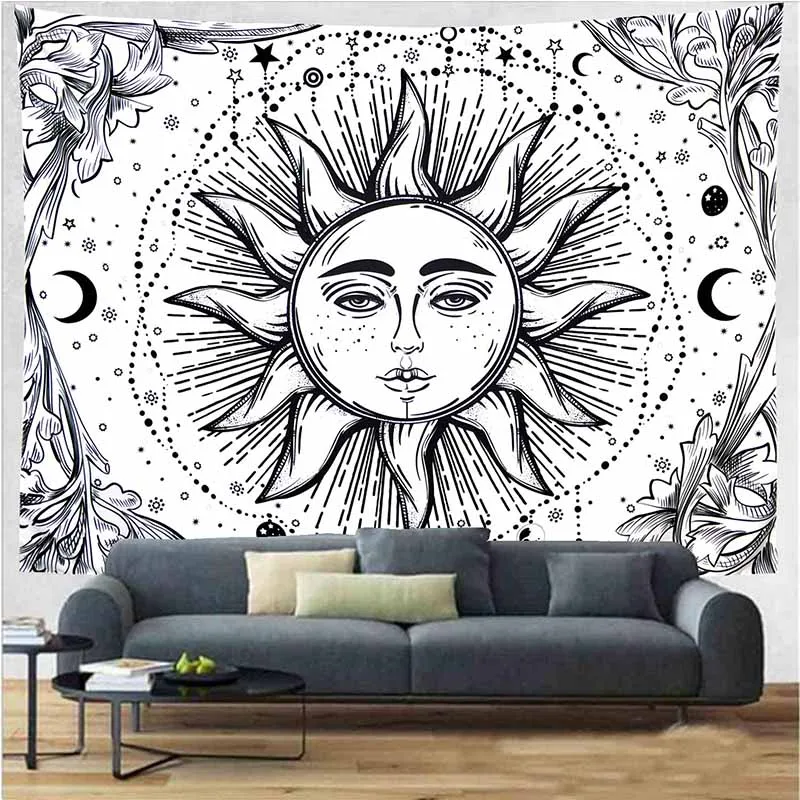 Мандала черный белый солнце гобелен с Луной настенный гобелен колдовство хиппи гобелен настенные ковры психоделический гобелен