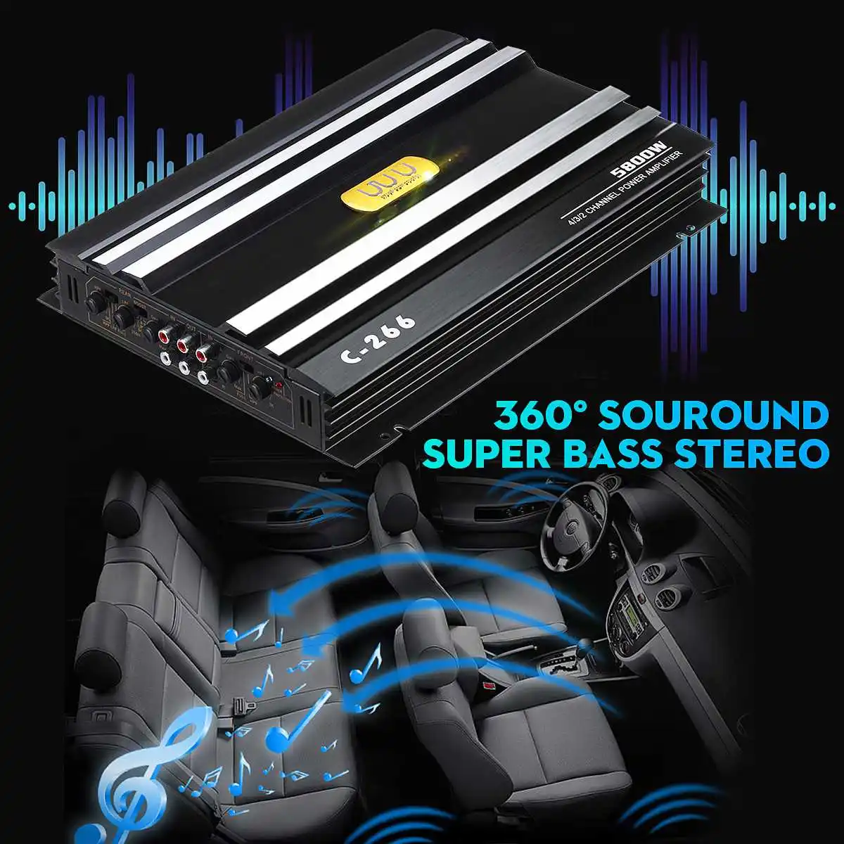 Car Audio Amplifer 3800W Class AB Digital 2 Channel Black Aluminum