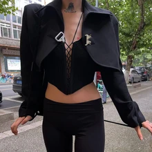 

2021 Spring and Autumn Street Fashion Short Long Sleeve Single Button Small Suit Black Loose Lapel Short Jacket Cardigan Top