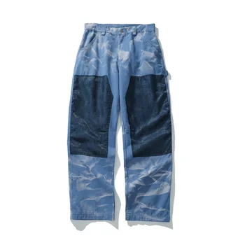 

EWQ / men's wear vintage printting Patch jeans men's high street tide personality hip-hop loose straight denim trousers 9Y2142