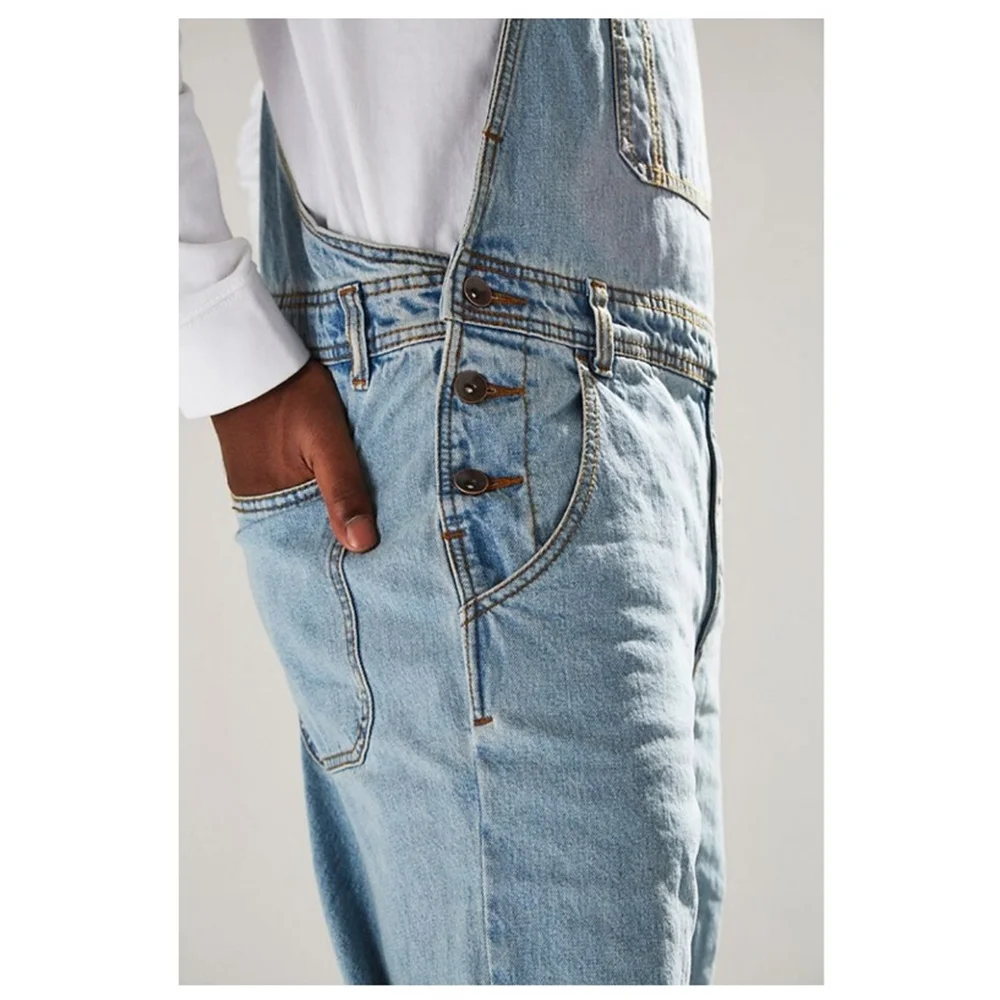 EH·MD® Sling One-Piece Jeans Men's Seasonal Large Chest Pockets Can Be Matched With Belts Pure Cotton Sky Blue Stretch Straight